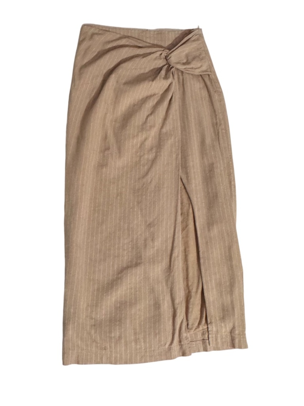 Showpo. Size 4 Pinstripe Twist Front Midi Skirt Brown Front Slit Boho Western
